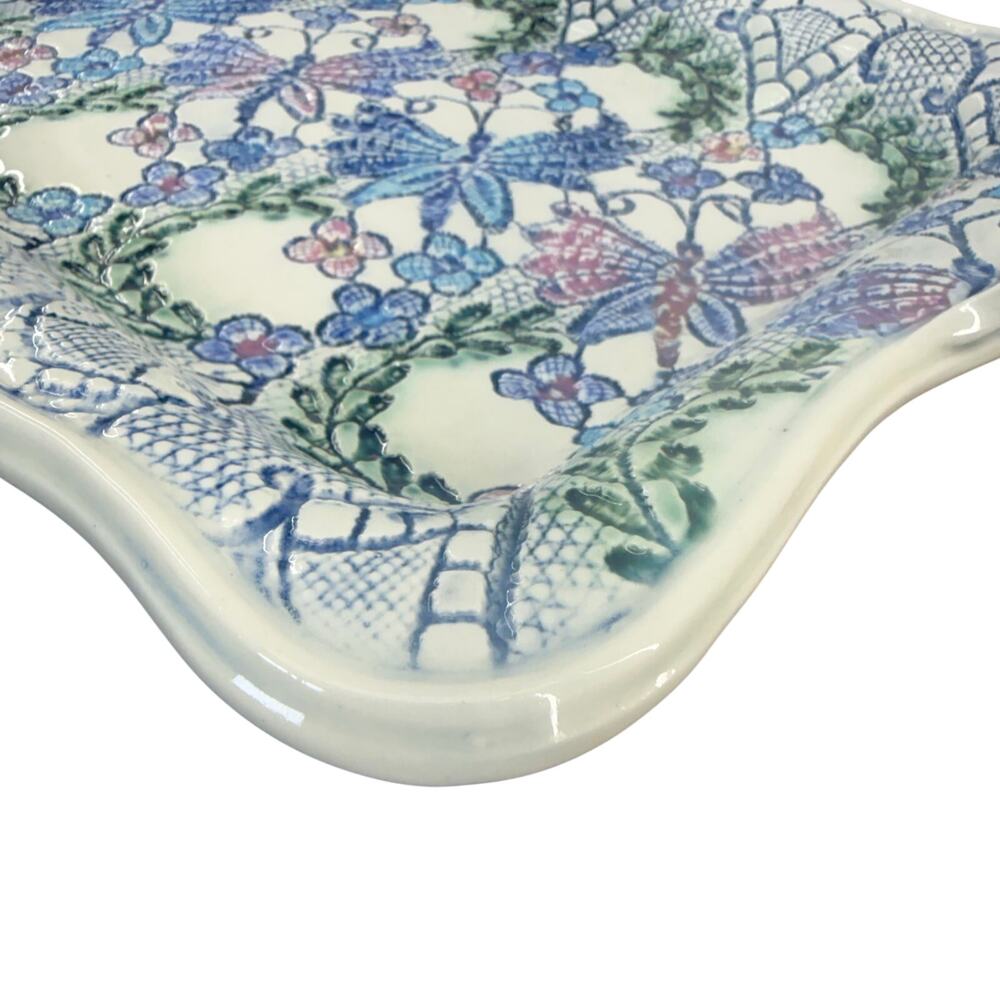 Ceramic Butterfly Floral Platter 14x11 Lace Motif Tray Purple Blue Pink Green - Picture 4 of 6